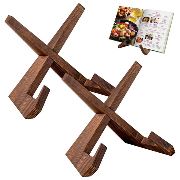 2 Pack Wooden Cookbook Stands - Rustic Cross Design L-Shaped Easel for Kitchen, Plate Display Holder, Sturdy Book & Menu Stand