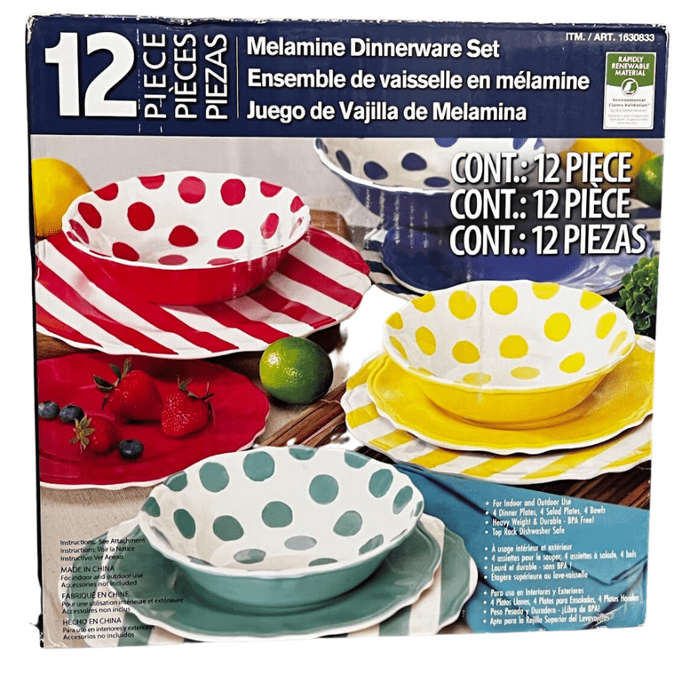 12-Piece Melamine Dinnerware Set, Outdoor Dishwasher Safe