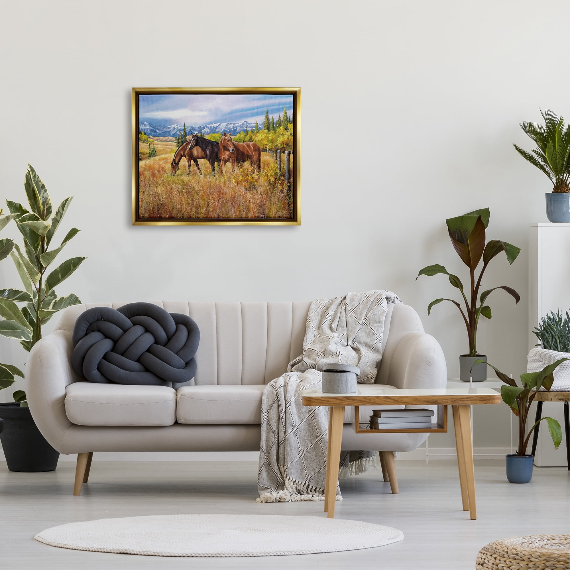 Stupell Industries Horses in Country Pasture Animals & Insects Painting Gold Floater Framed Art Print Wall Art, 31 x 25
