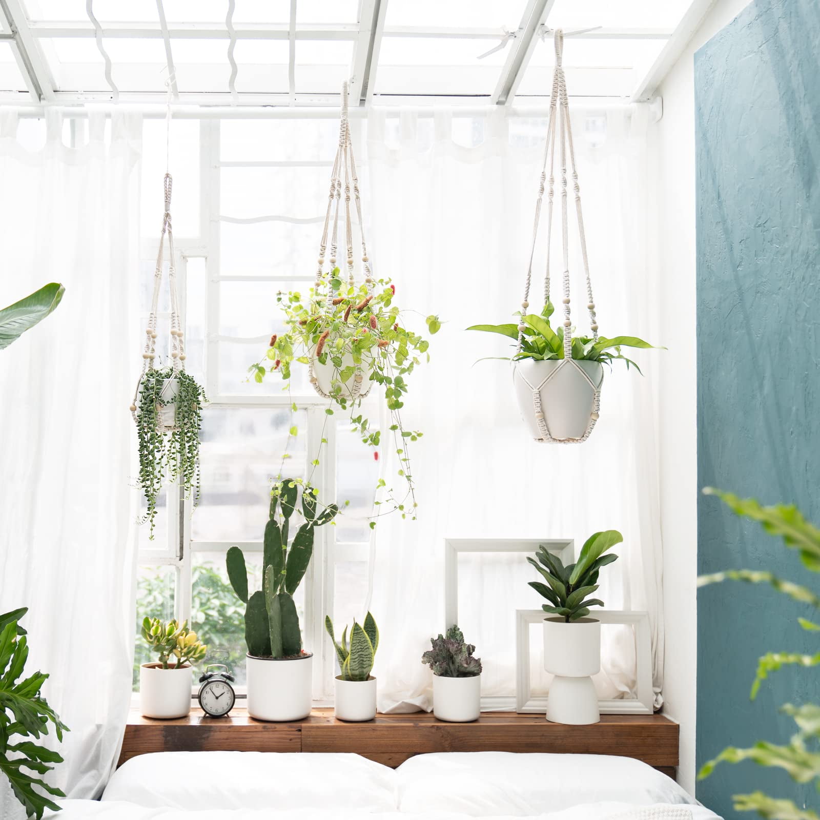3 Pack Macrame Plant Hangers Indoor Different Size Hanging Planter Basket Flower Pot Holder with Beads No Tasselss 23"/29"/35", Large, Ivory