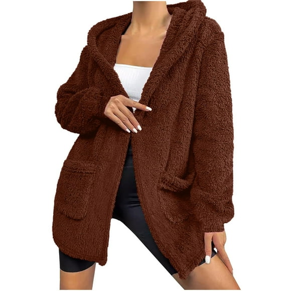Bowake Women's Casual Fuzzy Jacket Open Front Hooded Cardigan Long Sleeve Fleece Coat Outerwear with Pocket