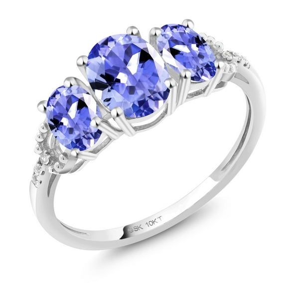 Gem Stone King 10K White Gold Blue Tanzanite and Diamond Accent 3-Stone Engagement Ring for Women | 1.67 Cttw | Oval 7X5MM and 6X4MM | Gemstone Birthstone (Size 5)