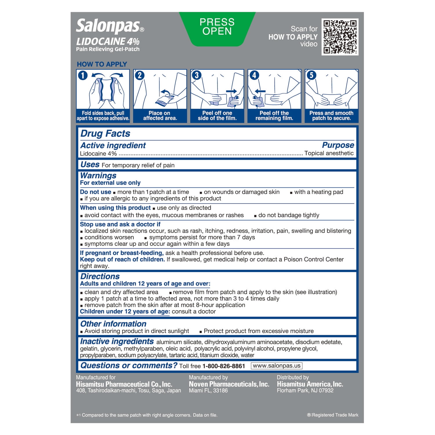 Salonpas Lidocaine Maximum Strength Pain Relieving Gel-Patch, 6 Count