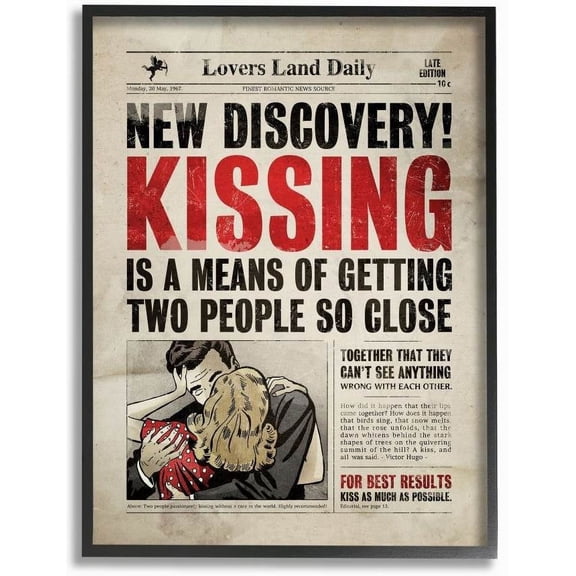 Stupell Industries Kissing Funny Newspaper Vintage Comic Book Design Framed Wall Art by Ester Kay
