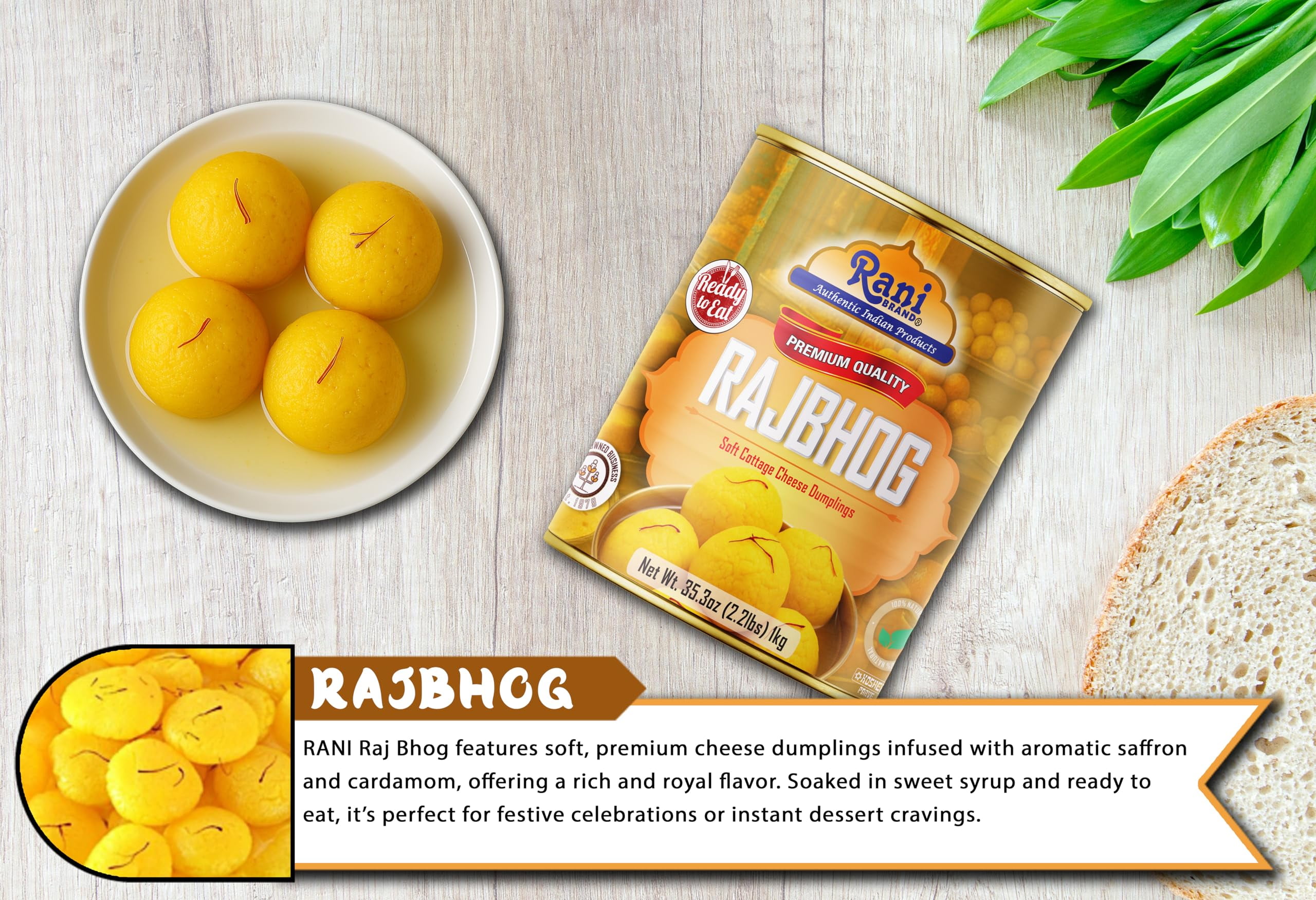Rani Rajbhog (Soft Cottage Cheese Dumplings) 35.3oz (2.2lbs) 1kg, Pack of 2, Approximately 14 pieces, Easy Open Lid ~ Ready to eat | All Natural | Gluten Free | Non-GMO | Kosher | Indian Origin
