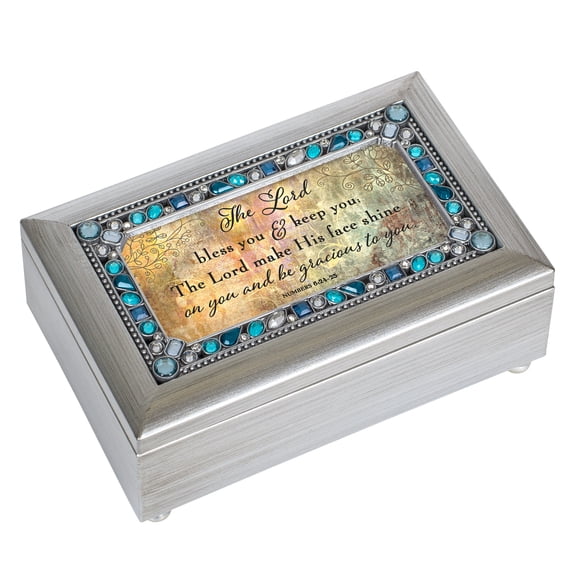 He Bless You & Keep You Champagne Silver 7 X 4 Mdf Wood Musical Box Plays Tune Amazing Grace