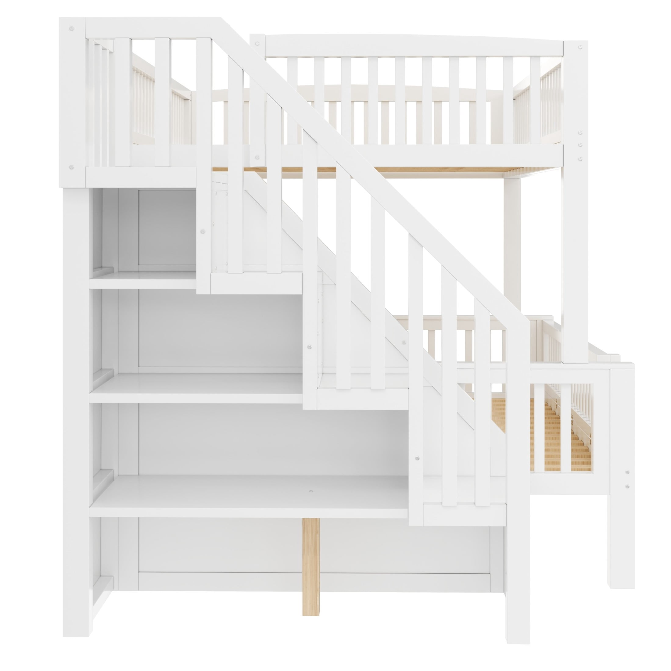 Noble House Dalmor Full XL over Queen Bunk Bed with Storage Staircase & Built-in Bookshelf, Adjustable LED Light, White