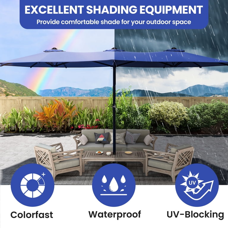 colorfast patio umbrella 12x12ft Best with Sunbrella Fabric, Large Outdoor Cantilever Umbrella, Spectrum Indigo 10 x 6.5 rectangular shade area to cover dining setups and seating spaces Outdoor Umbrella Fabrics Compared: Which