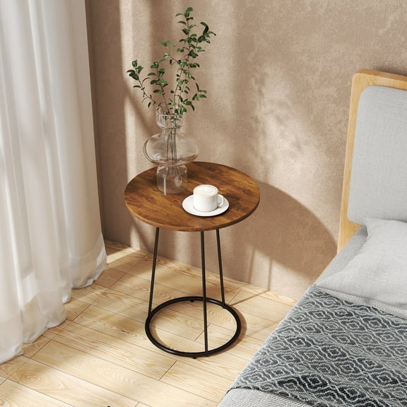 Manora Side Table for Couch, Round End Table with Metal Frame for Living Room Bedroom, Brown