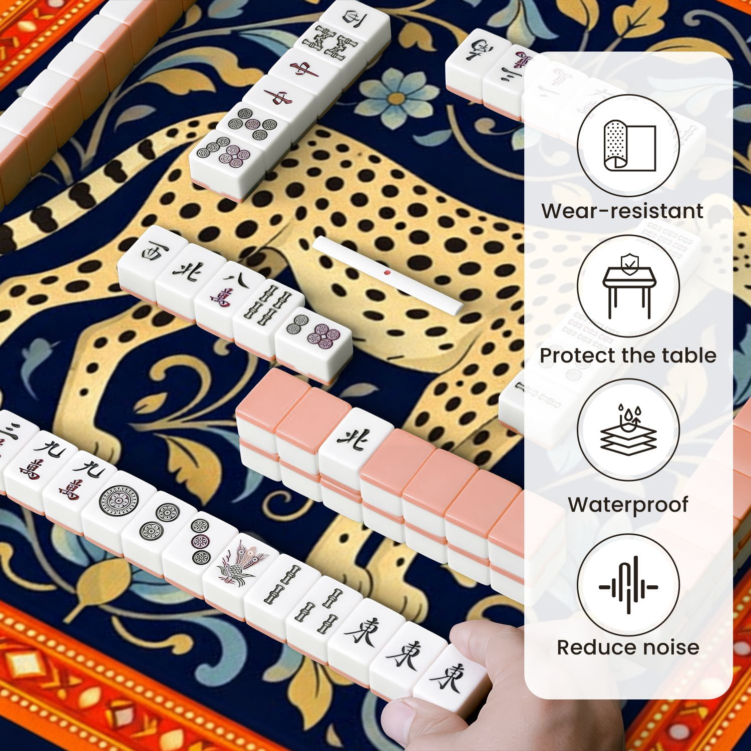 Mahjong Mat 31.5" x 31.5" Cheetah Blue Gold Floral Dark Non-Slip Noise Reduction Mahjong Tiles Table Cover for Dominoes Poker Card Board and Tile Games