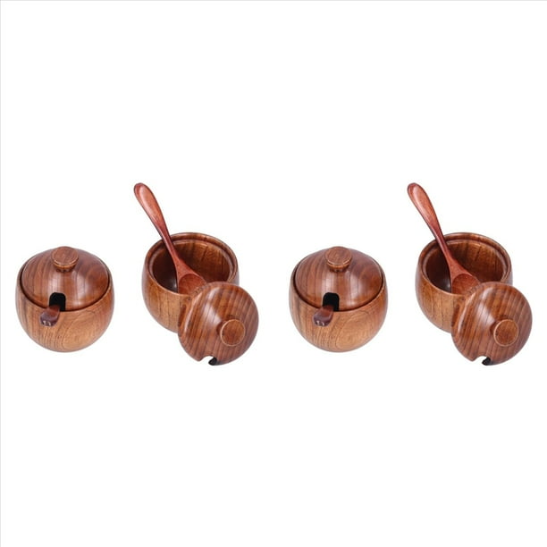 4 Uds. Cuenco de Madera para Salero, Recipiente para Sal, Tarro para , Salero y Pimentero, Caja de Condimentos para Cocina, Madera Natural, Marrón Oscuro