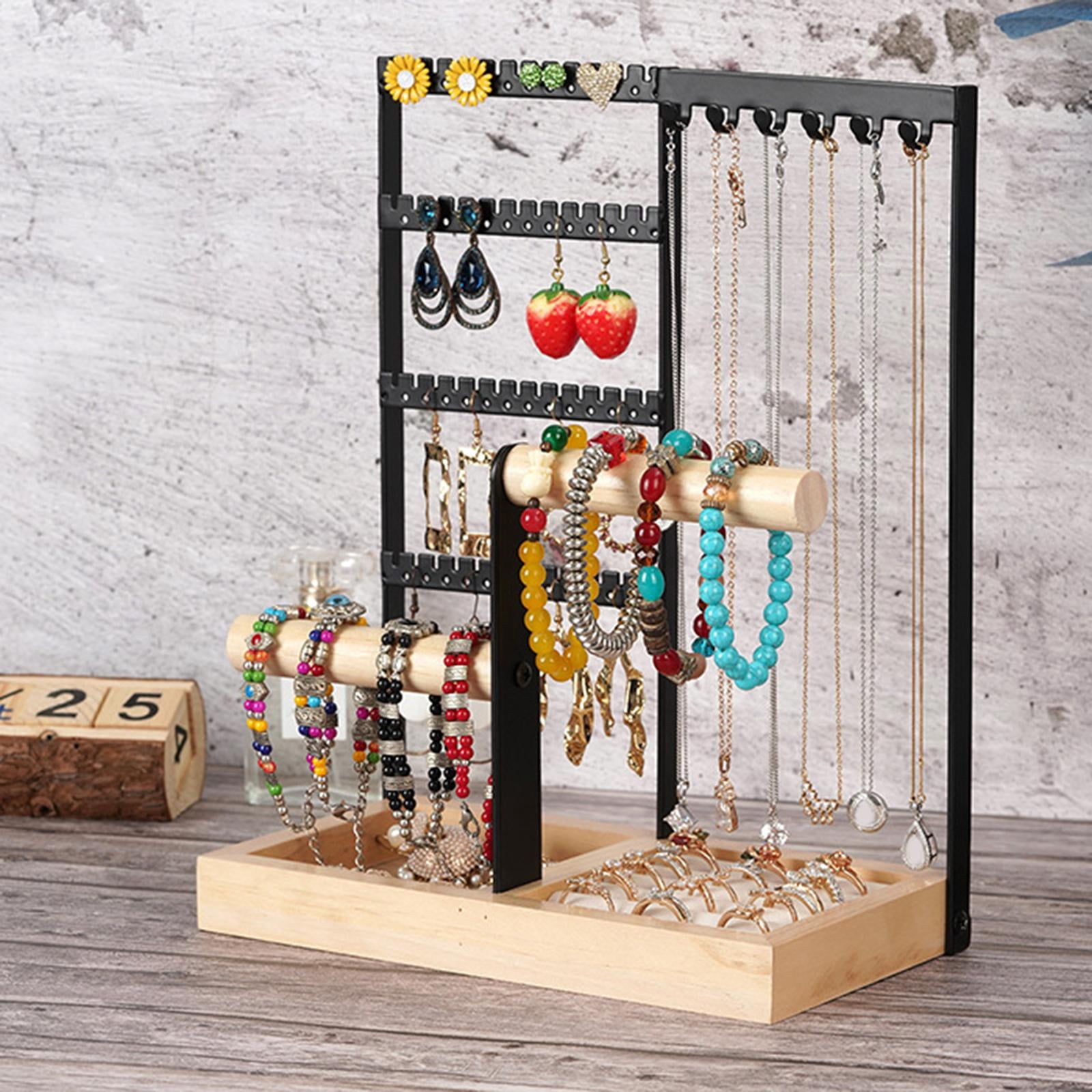X-cosrack 5-Tier Rustic Jewelry Organizer Stand - Wood & Metal Holder For Earrings, Necklaces, Bracelets, Black/Brown