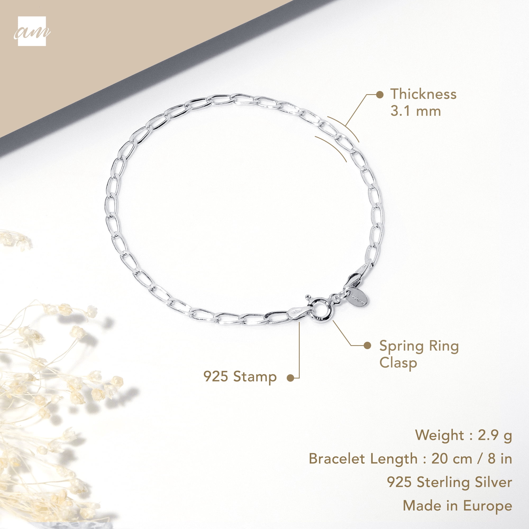 Amberta Women's 925 Sterling Silver Link Chain Bracelet for Charms (Adjustable): Silver