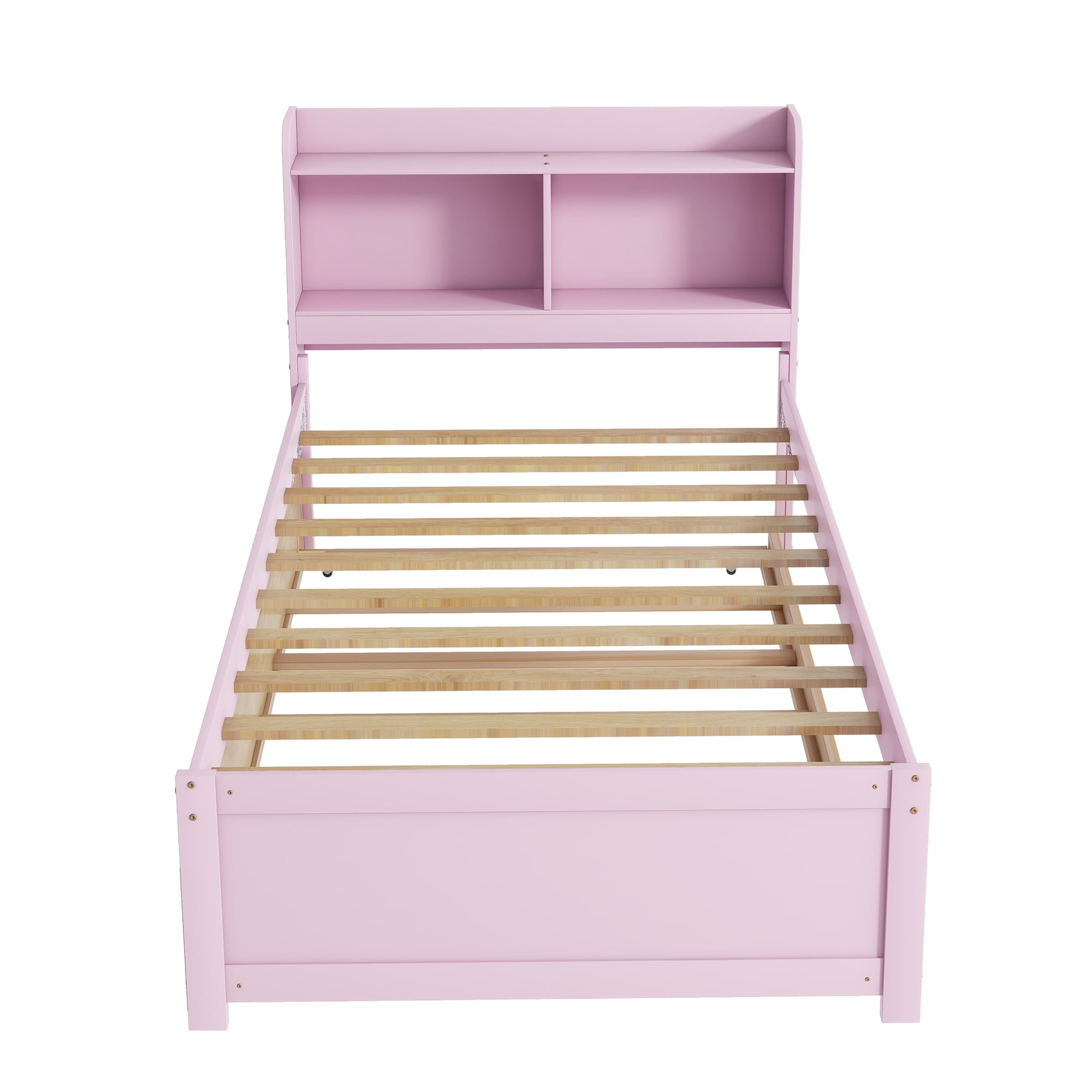 Miniyam Twin Size Bed with Trundle & Bookcase Headboard for Kids,Pink