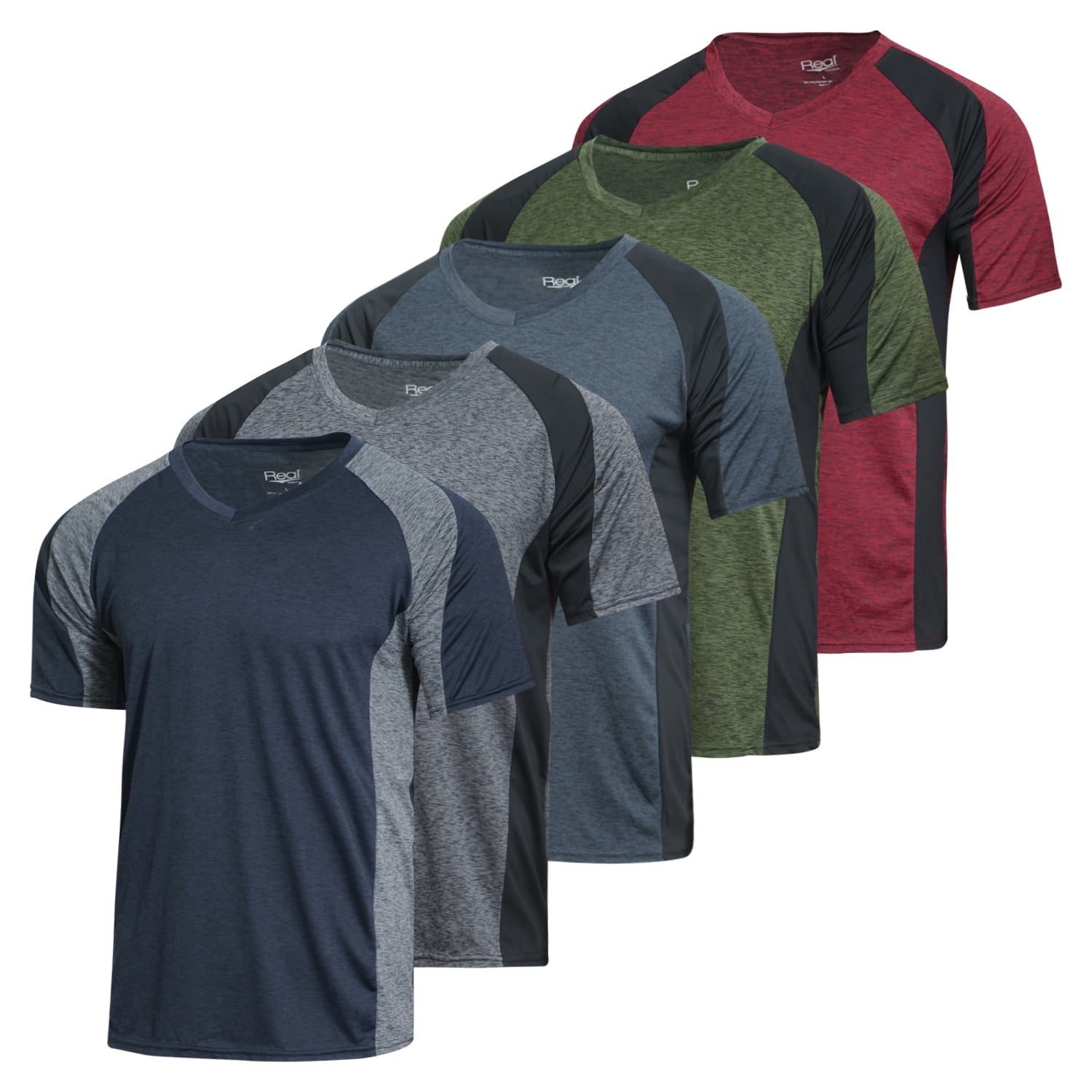 Real Essentials - 5 Pack: Menâs V-Neck Dry-Fit Moisture Wicking Active Athletic Tech Performance 