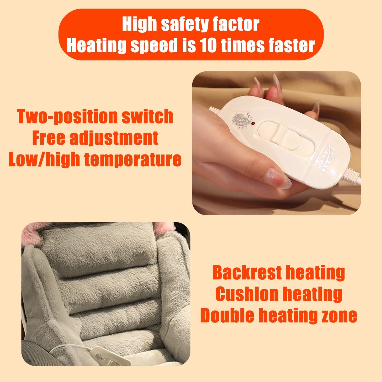 Fnyoxu Heated Seat Cushion for Office Chair & Car - 3-Temperature Fast Heating Pad with Non-Slip Base, Machine Washable Cover, Back Support - 15.7X13.8X23.6 Inch