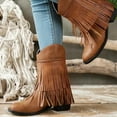 thumbnail image 2 of KIJBLAE Women's Fringe Western Boots Wide Calf Riding Cowgirl Cowboy Boots Winter Boots Faux Leather Block Heel Ankle Boots Mid Calf Boots Brown 38, 2 of 3
