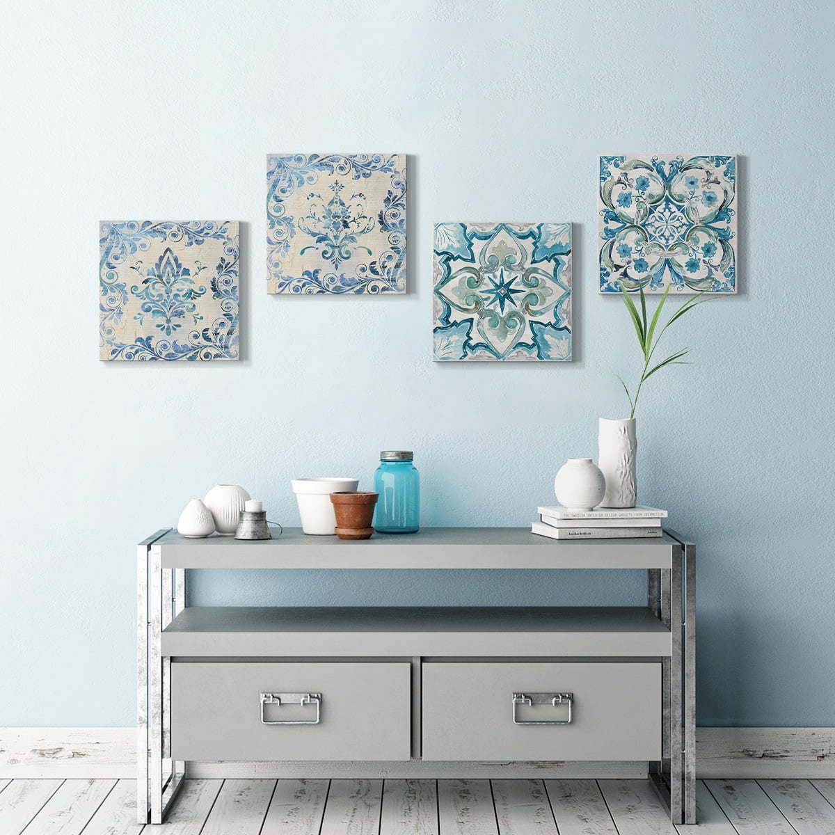 Wexford Home Blue Abstract Wall Art 24 x 24 inches Set of 4 Flower Pattern Canvas Prints Wall Decoration for Living Room Bathroom Bedroom
