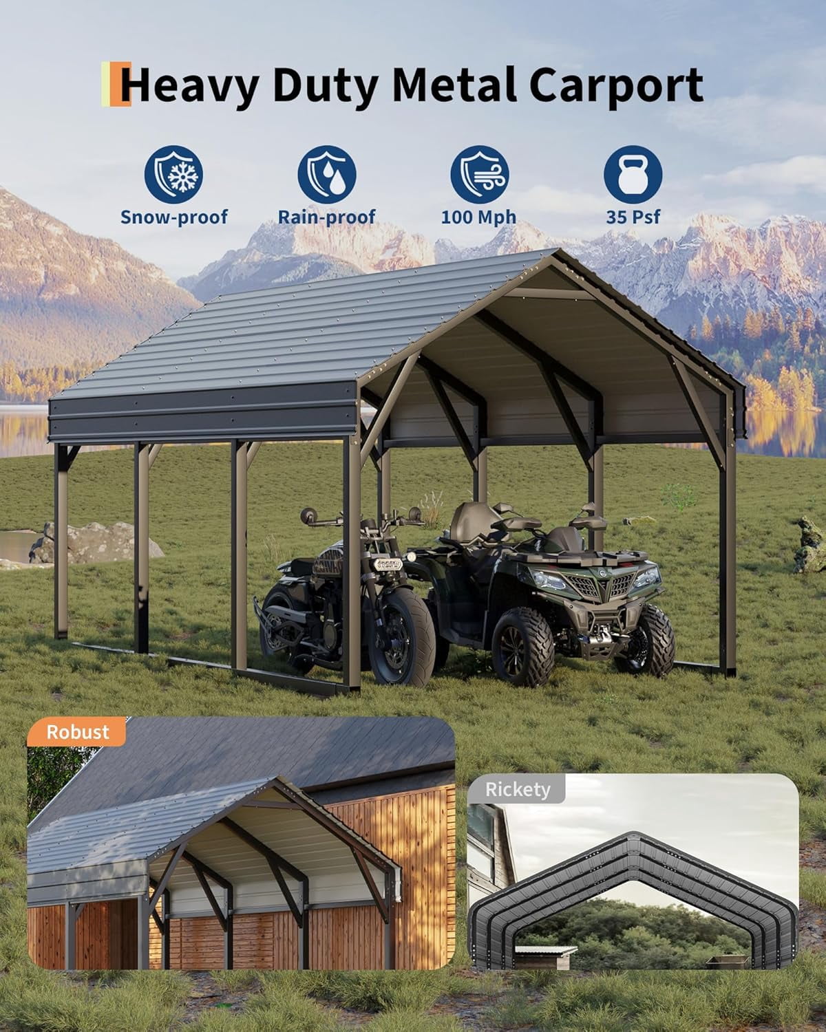 12 ft x 13 ft Metal Carport Shed with Reinforced Frame & Steel Roof, All-Weather Permanent Shelter for Cars, Motorcycles, ATVs & Boats