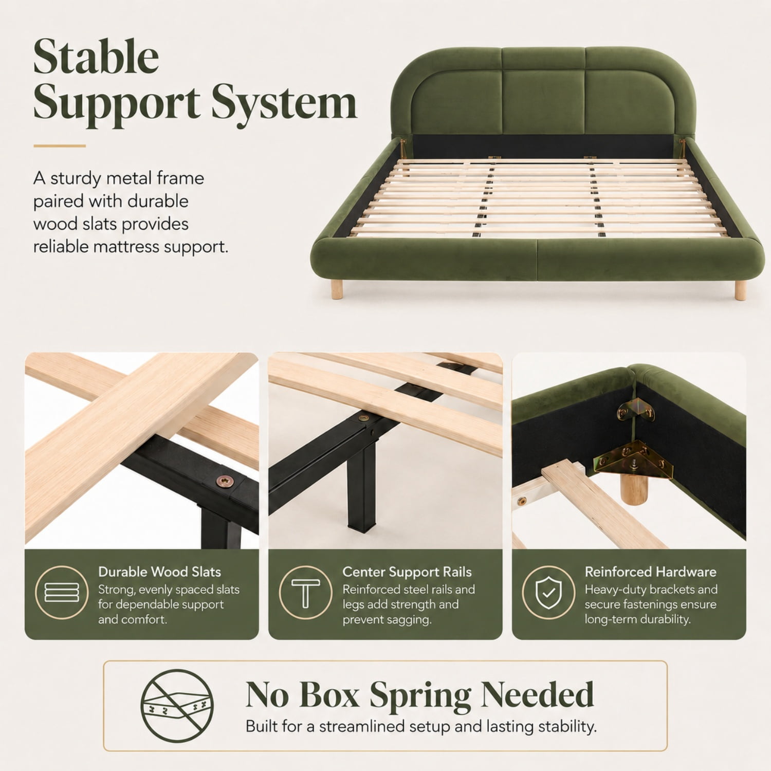 Miniyam King Size Velvet Upholstered Bed Frame with Curved Headboard, Platform Bed with Wood Slats, No Box Spring Needed, Green