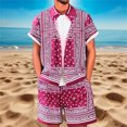 thumbnail image 2 of OOOUM Men All Over Print Outfits Lapel Short Sleeve Button Shirt Drawstring Elastic Waist Shorts Summer Beach Vacation Casual Outfit Red L, 2 of 5