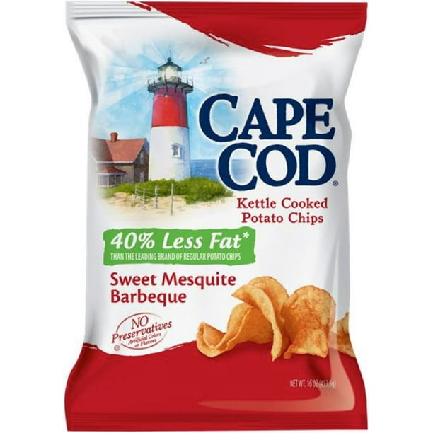 Cape Cod 40 Less Fat Mesquite BBQ Regular Sweet Potato Chips, Kettle Cooked, (16 Ounces Each