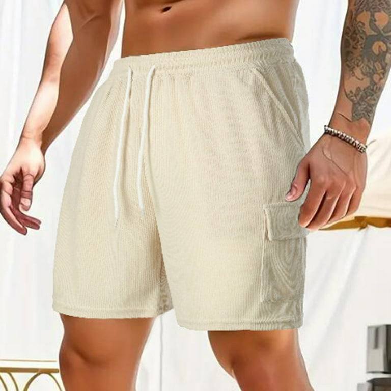 JUMESGU Mens Shorts Elastic Waistband with Pockets Drawstring Men s and Big Men s Outdoor Performance Side Elastic Waist Short Beige S