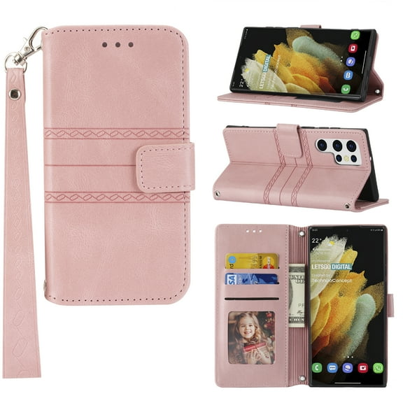 Dteck Galaxy S22 Ultra Case Cover with 3 Card Holder 1 Cash Slot, Vegan PU Leather Slim TPU Inner Shell with Hand Strap Lanyard Flip Book Stand Case for Samsung Galaxy S22 Ultra 5G 6.8" 2022, Pink