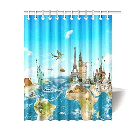 Gckg World Map Shower Curtain City Landmark World Travel