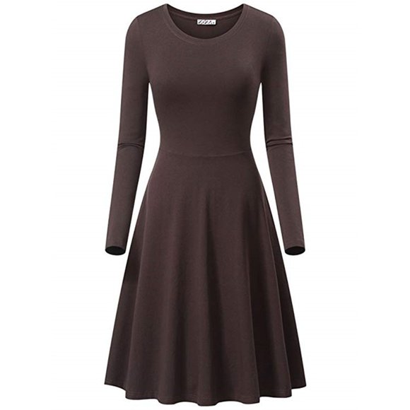 cfhntfmh Work Dresses for Women Lounge Crewneck Long Sleeve Office Dress Plus Size Casual Pleated Solid Color A-Line Dress