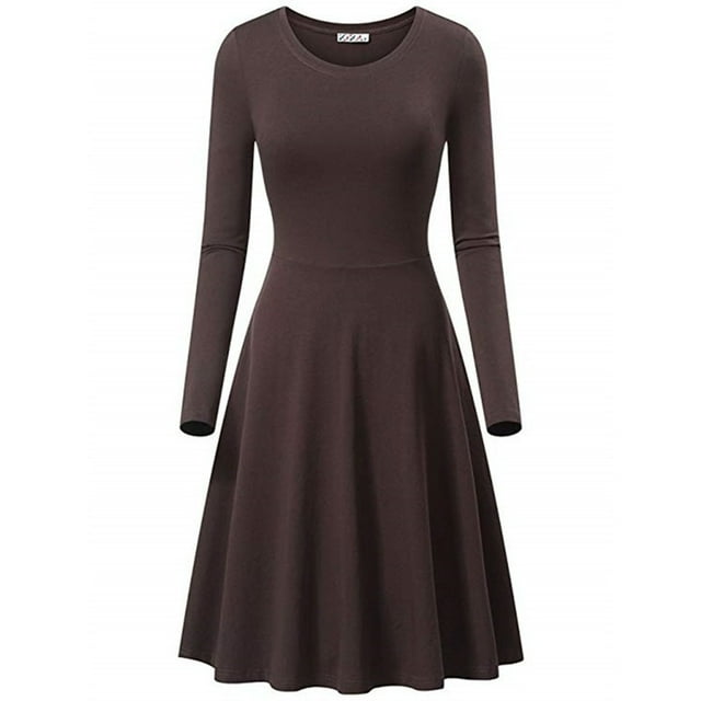 cfhntfmh Robes de Travail pour Femmes Détente Col Rond Manches Longues Robe de Bureau Grande Taille Décontractée Plissée Couleur Unie Robe Ligne A