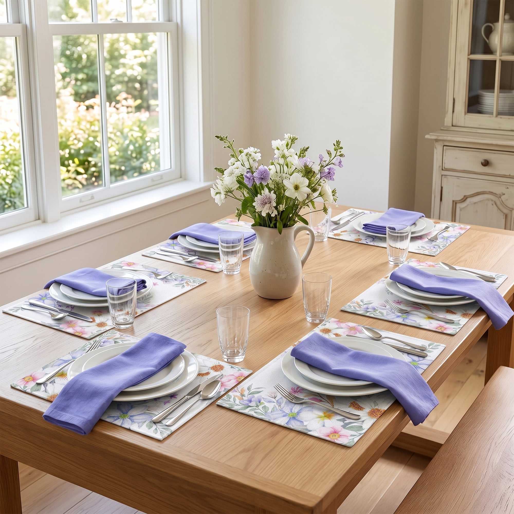 Unique Bargains Durable Farmhouse Placemats Set of 6 Linen Placemats Flowers E 18*12in