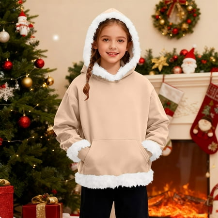 NAISIBABY Girls Christmas Hoodie with Pocket Long Sleeve Plush Warm Fashion Festival Hooded Sweatshirt Khaki 11T