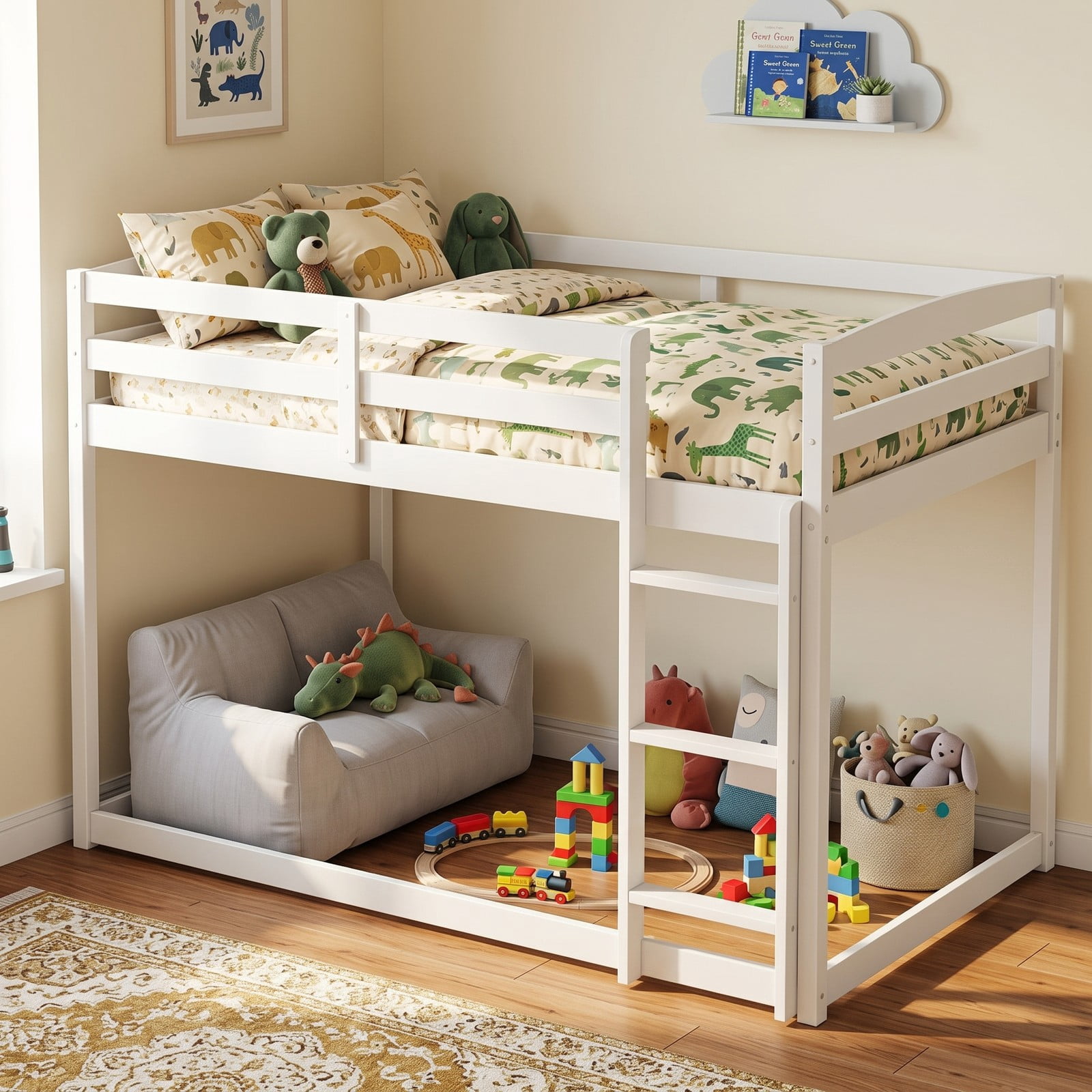Furnibear Low-to-ground Full Over Full Wood Bunk Bed with Integrated Ladder and Safety Guardrails for Kids Shared Rooms, White