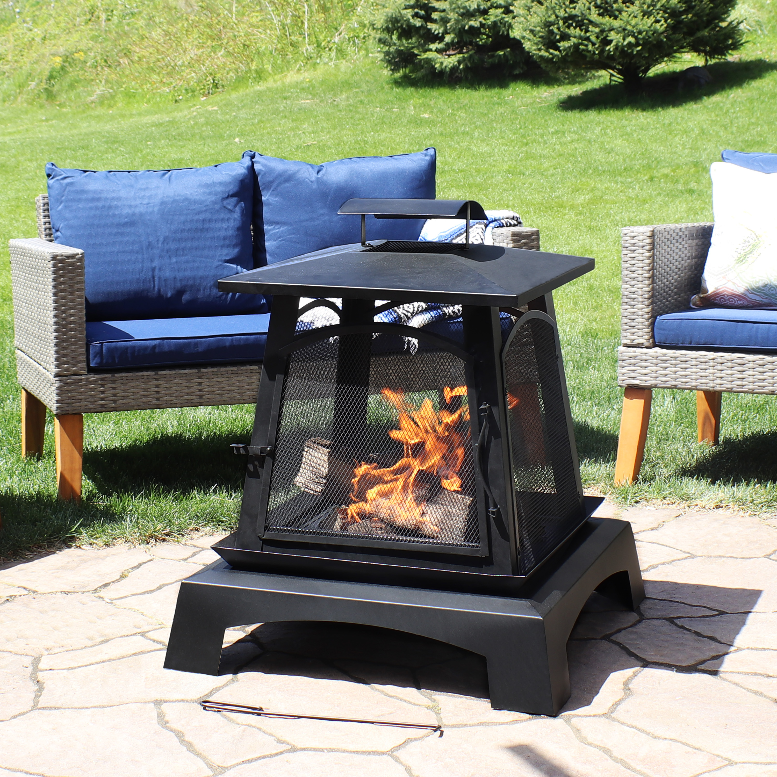 Sunnydaze 32-Inch Pagoda-Style Steel Wood-Burning Fire Pit with Log Grate  and Poker Black High-Temperature Paint Finish