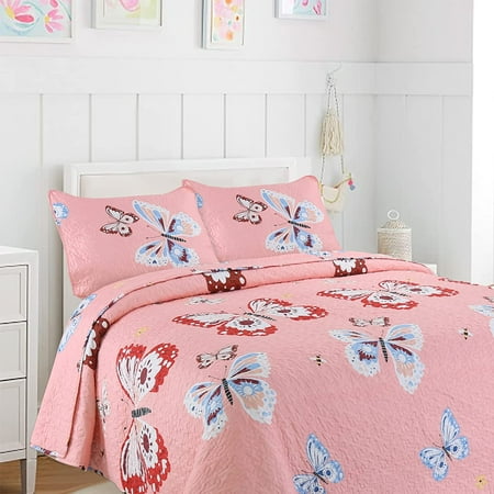Cozy Line Home Fashions Microfiber Reversible Kids/Girls Coverlet Bedspread Quilt Set with Shams Twin Set (Butterflies Twin - 2 Pieces)