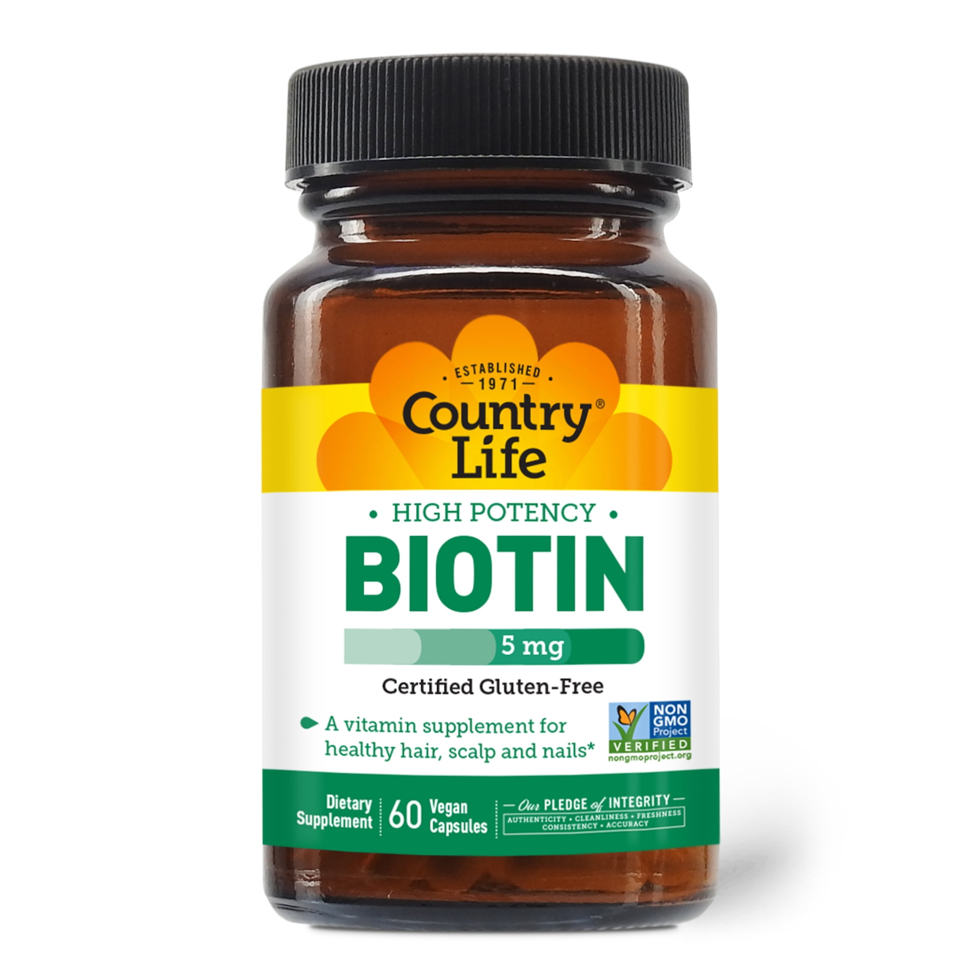 Country Life Biotin High Potency, 5mg, 60 Count, Certified Gluten Free, Certified Vegan, Verified Non GMO