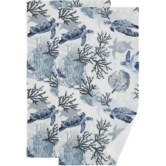 Nautical Sea Turtle Hand Towels for Bathroom Set of 2 Soft Absorbent Blue Coastal Beach Theme Coral Ocean Turtle Kitchen Dish Towels Decorative Guest Bathroom Towels for Bath,Face 14"x28"
