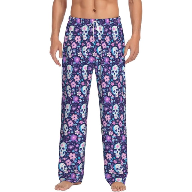 Kdxio Skull Purple Flower Pattern Men's Pajama Pants, Elastic Waist with Drawstring and Pockets, Comfortable Loungewear-Medium