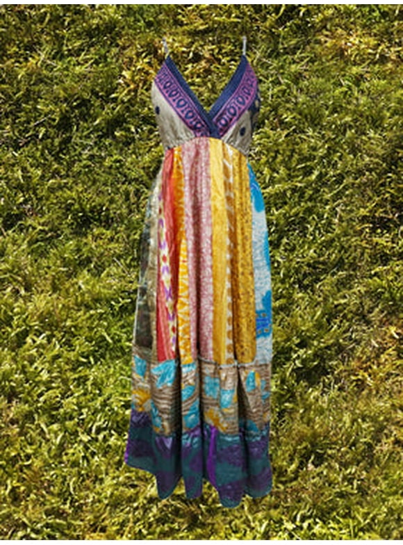 Mogul Womens Maxidress, Hawaiaan Sunset Silk Maxi Dress, Blue Bohemian Dress S/M