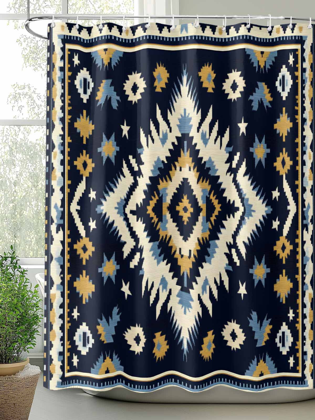 Boho Navy Blue Shower Curtain Set, Waterproof Shower Curtains for Bathroom, Ethnic Geometric Southwestern Retro Washable Fabric Cloth Bath Curtain for Bathtub Decoration with Hooks 72x78 Inches