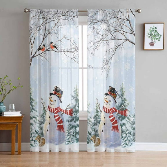 Snowman Christmas Sheer Curtains 72 Inches Long, Xmas Tree Snowflake Branches Birds Light Filtering Window Curtains for Living Room/Bedroom, Rod Pocket Voile Sheer Curtain Drapes, 52"Wx72"L, 2 Panels
