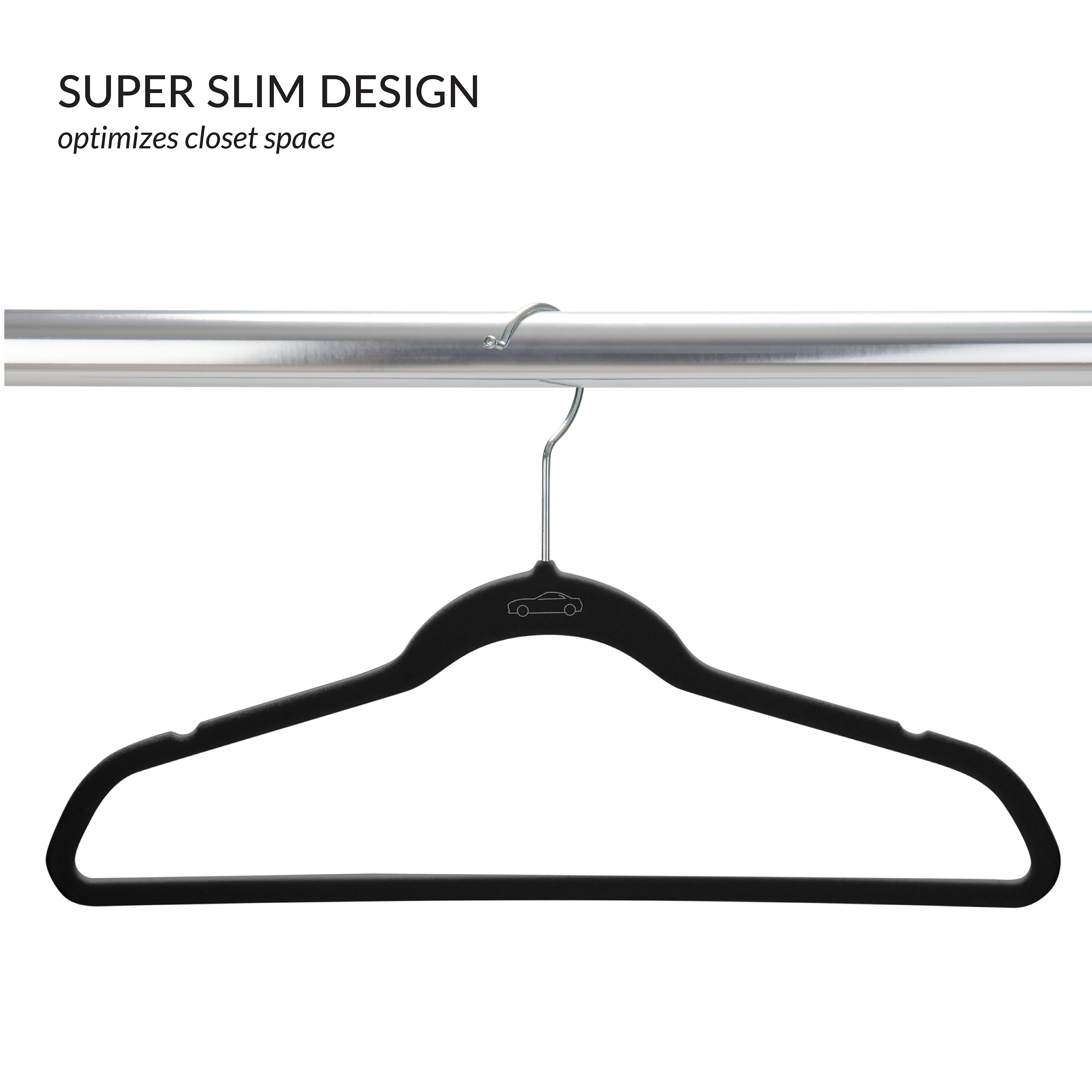 Simplify Kids 50 Pack Velvet Shirt Hangers with Race Car Icon in Black