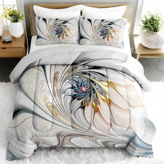 3pcs Abstract Fractal Flower Comforter Set, Elegant Bedding Set for Bedroom or Guest Room Decor, All Seasons Quilt Machine Washable Duvet with 2 Pillowcases
