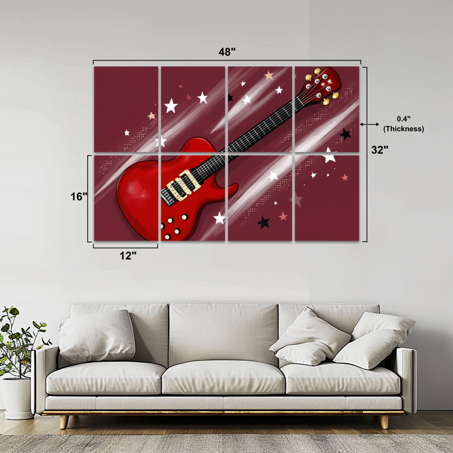 Musical 8 Pack Art Acoustic Panels Sound Absorbing Red Electric Guitar Stars Dynamic Light Streaks Decorative Soundproof Wall Panels Self Adhesive for Nursery Game Room Music Classroom 48"x32"