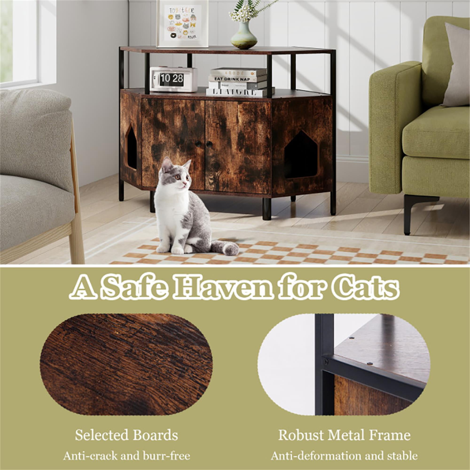 Kadyn 41" Large Hidden Cat Litter Box Furniture with Shelf, Wood Sturdy Cat Washroom Enclosure Cat House Storage with 2 Entrances, Brown