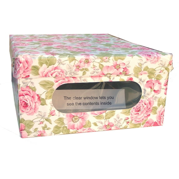 Foldable, Hinged Lid, Closet Storage Boxes, Stackable Storage and Organization, Vinyl Covered Inside Out, See Through Window, English Rose, Italian (Small)