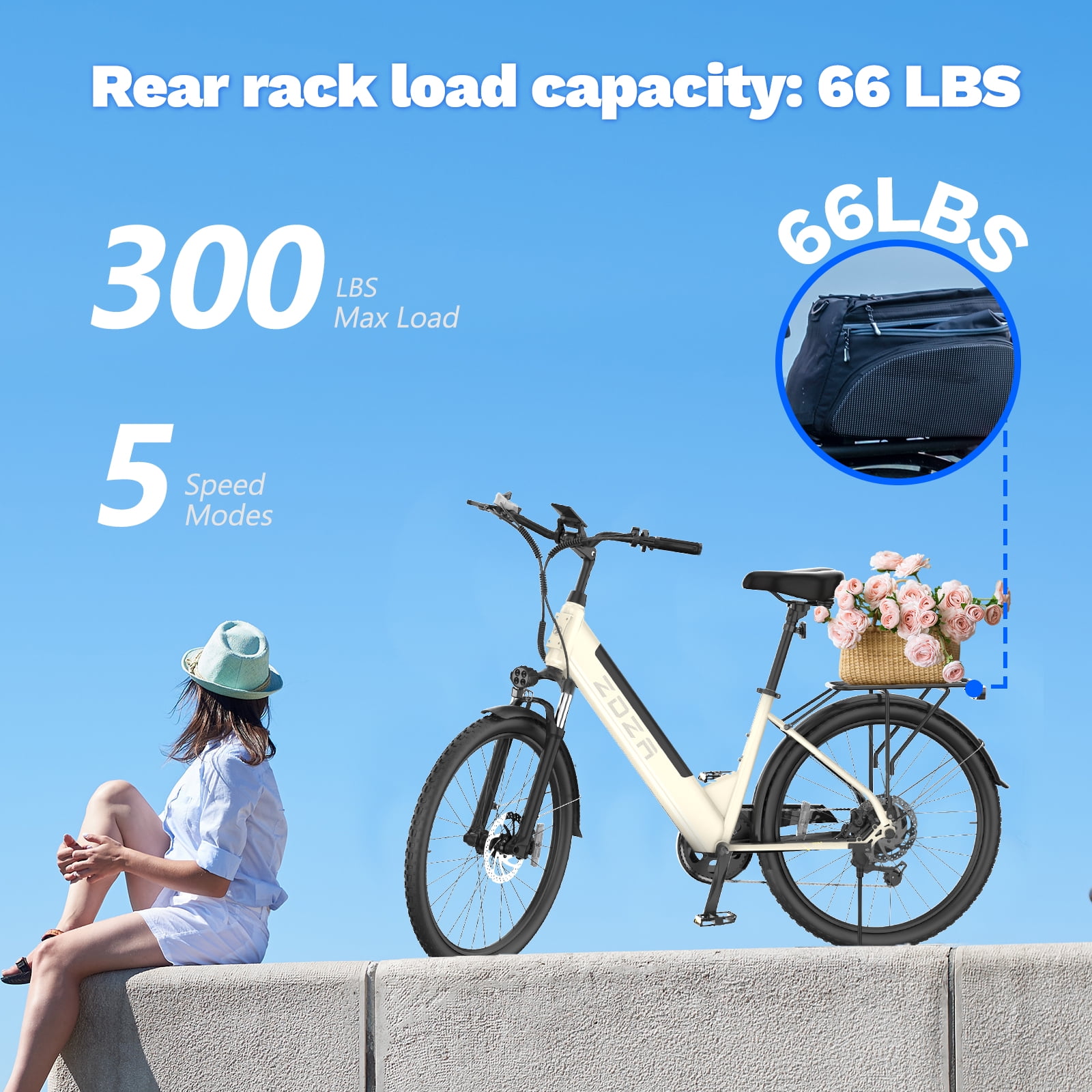 ZDZA Electric Bike for Adults 26”, 750W Peak Motor Ebike for Woman, 48V Removable Battery, 7 Speed Step-thru Electric Bicycle with Rear Shelf UL2849