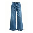 thumbnail image 4 of Womens Casual Lace Trim Loose Straight Leg Jeans High Waisted Denim Pants Wide Leg Full Length Everyday Style, Light Blue-XL, 4 of 5
