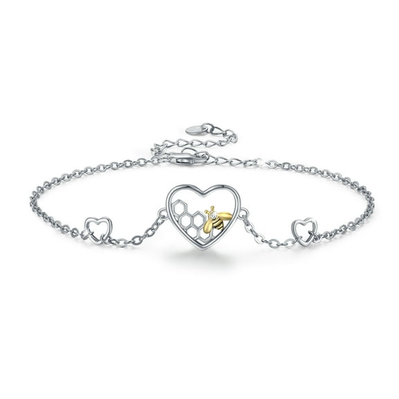 Cuoka Heart Bracelet 925 Sterling Silver Cute Bee Bracelets 7 2'' Adjustable Chain 18K White Gold Plated Hypoallergenic Fashion Jewelry Birthday Xmas Gift for Girls Kids Daughter Women